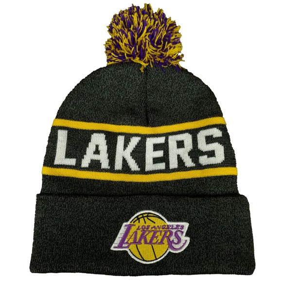 LA Lakers Mitchell & Ness NBA Cuff Knit Beanie Pom Hat Cap Dark‎ Gray Yellow NWT - Picture 1 of 7
